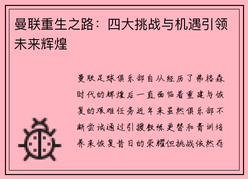 曼联重生之路：四大挑战与机遇引领未来辉煌