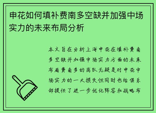 申花如何填补费南多空缺并加强中场实力的未来布局分析