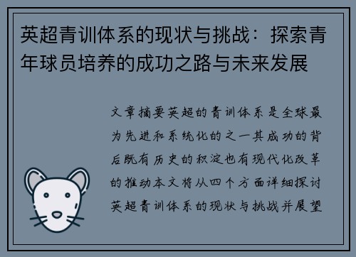 英超青训体系的现状与挑战：探索青年球员培养的成功之路与未来发展