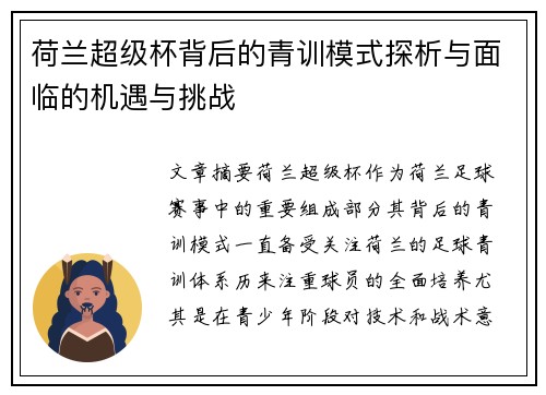 荷兰超级杯背后的青训模式探析与面临的机遇与挑战